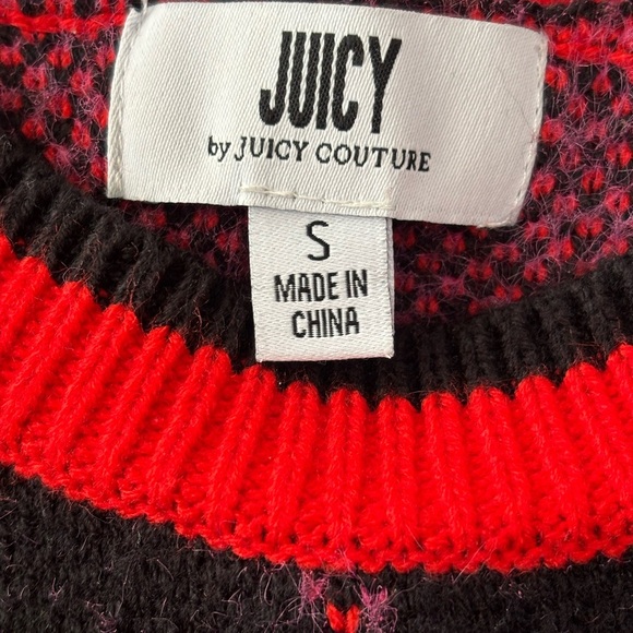 Juicy Couture Womens Crewneck Sweater Crowns Spellout Pink Red Black S Tiny Flaw - Picture 2 of 7